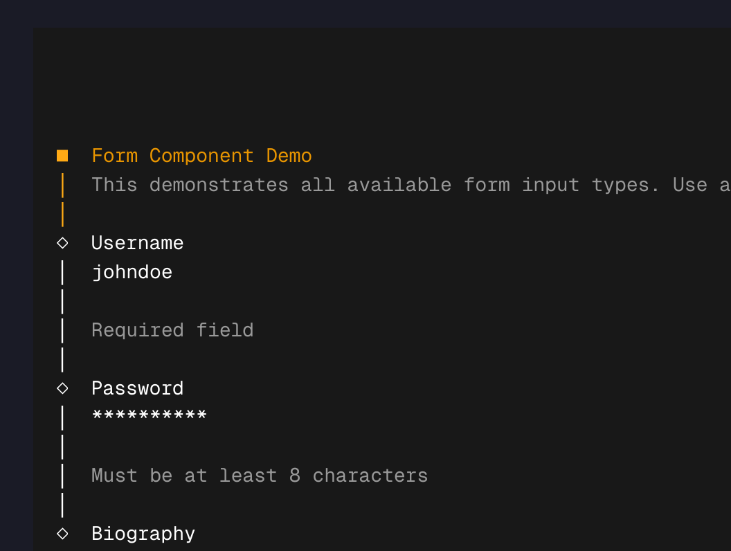 Termcast form with text fields, password, checkboxes, and dropdowns